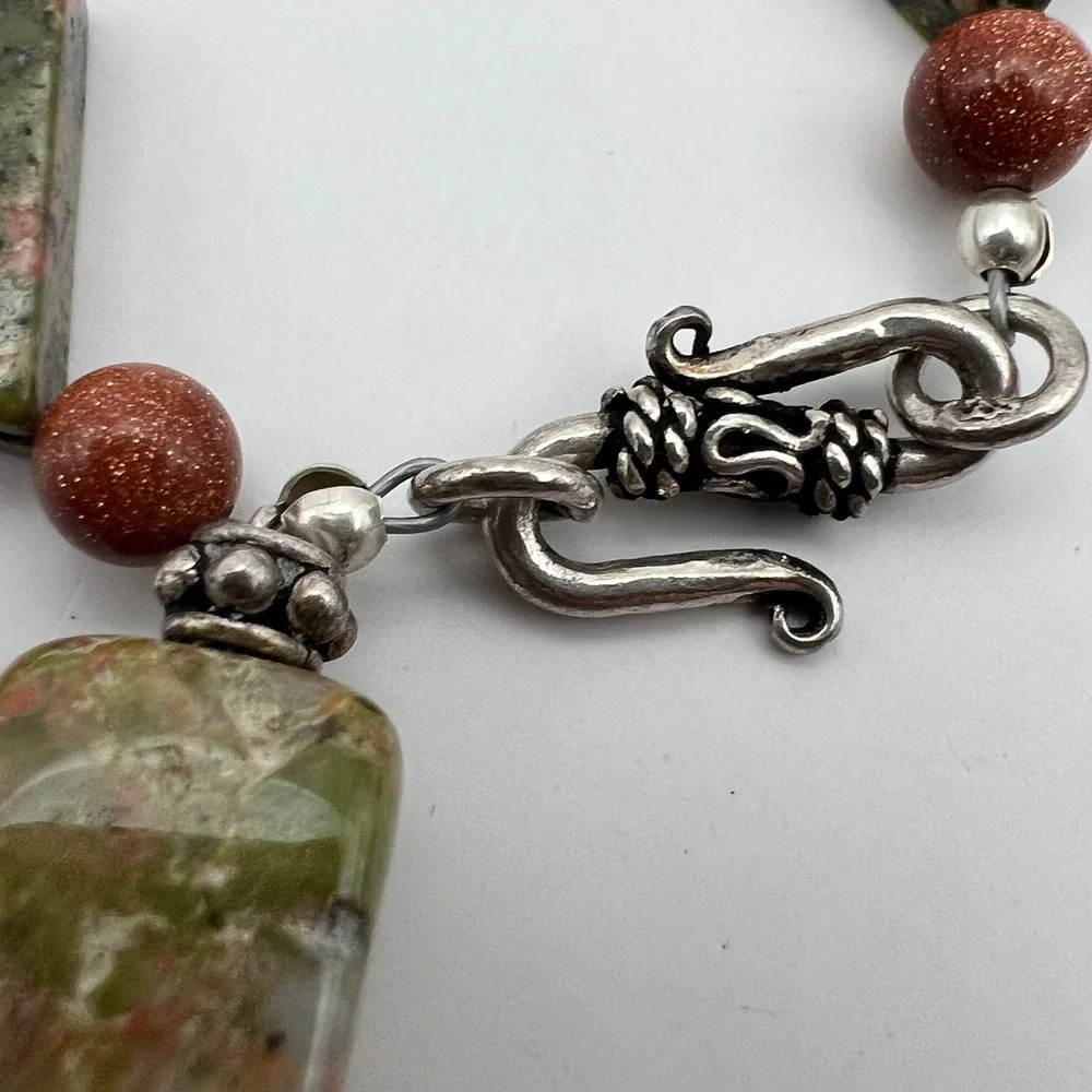 Unakite & Goldstone Sterling Silver Jewelry Set – Necklace, Bracelet, Earrings‎